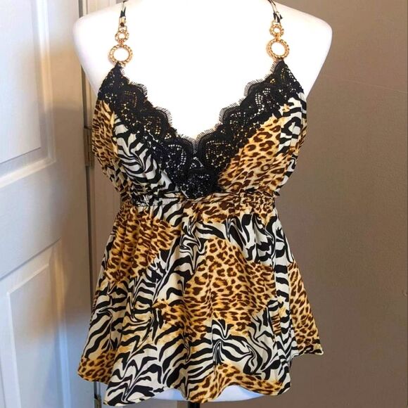 VENUS animal print v-neck peplum tank top blouse, black lace, S - Picture 1 of 8